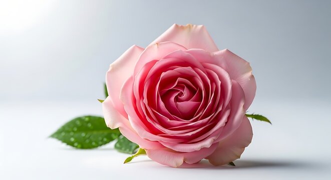 Pink Rose Bloom - Delicate Petals and Green Leaf.