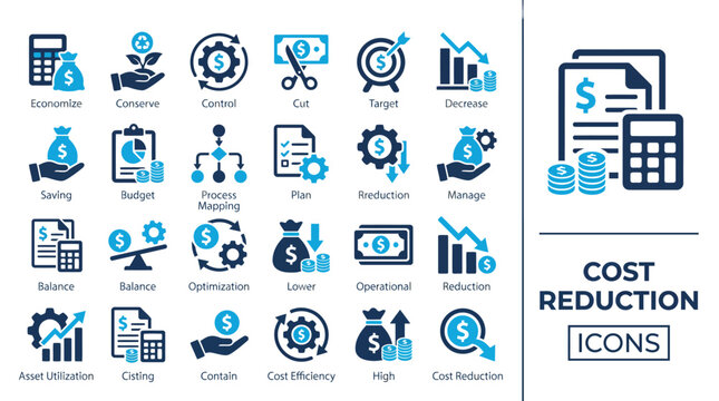 Cost Reduction solid icon set. Efficiency, operating, plan, profit, target, balance, budget, and more. Solid icon collection.