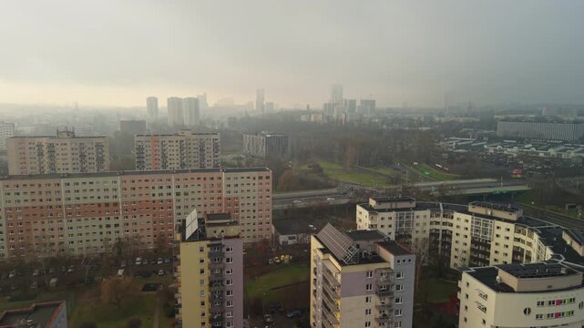 Aerial view of Katowice city skyline and industrial shaft in hazy winter, Poland