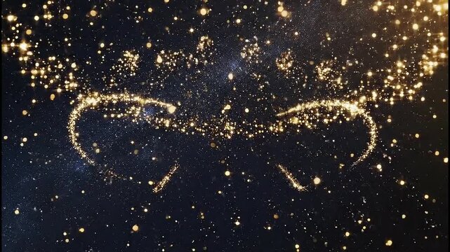 Sparkling golden particles form abstract shapes resembling wings or a crown against a dark, star-filled background.