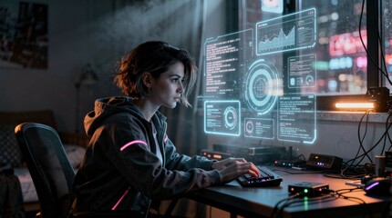 Obraz premium A focused woman codes on a computer at night, surrounded by futuristic digital interface graphics and data analytics in a dimly lit urban workspace.