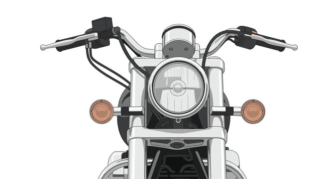 Detailed close-up view of polished chrome motorcycle handlebars and a classic round glass headlight featuring amber turn signals against a white backdrop.