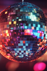 A shiny disco ball hangs from the ceiling, perfect for parties and events. vertical frame