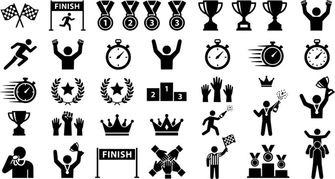 Race Victory Icons. Winning the Race. Solid icon set of Winning the Race: finish line banner, first place medal, trophy cup, checkered flag, runner sprinting,