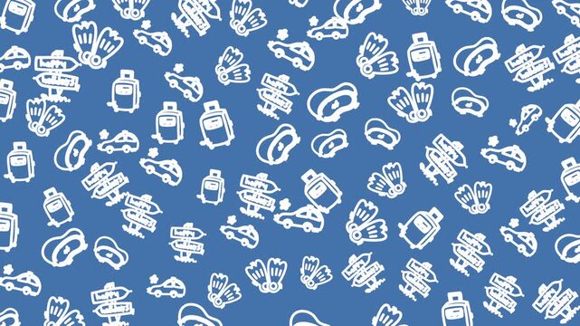 Blue background with white travel icons scattered randomly. Icons depict luggage, cars, airplanes, and beach gear. Pattern repeats seamlessly across the entire image. Ideal for travel, adventure