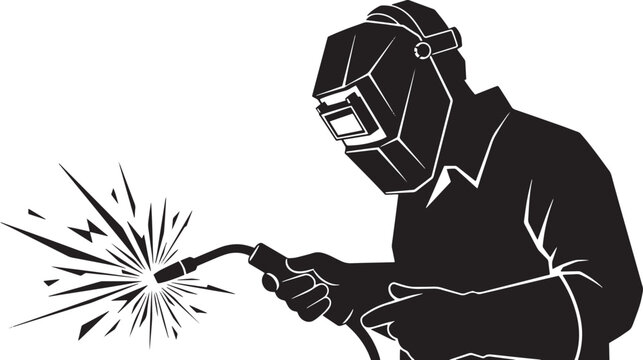 Silhouette of professional welder in protective mask and gloves using torch with bright sparks flying during metal manufacturing process illustration
