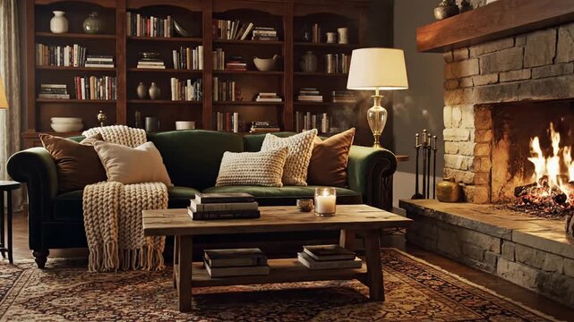 Cozy living room interior with fireplace bookshelf and furniture