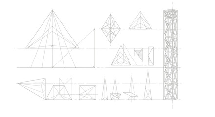 Fototapeta premium Architectural blueprint sketches, geometric line art drawings of building structures, technical engineering vector set for construction design