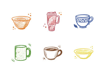 Fototapeta premium Drinking Cups and Kitchenware Vessels in Colorful Crayony Style with Fluid Brush Strokes and Organic Linework