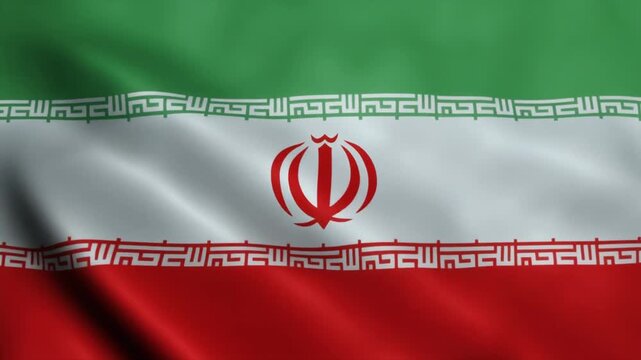 Iranian national flag with green, white, red stripes, central emblem, and Kufic script borders, symbolizing culture, religion, unity, sovereignty.