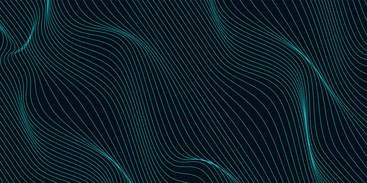 Futuristic grid wave of blue halftone digital lines data smooth seamless animation on dark with dim light background.