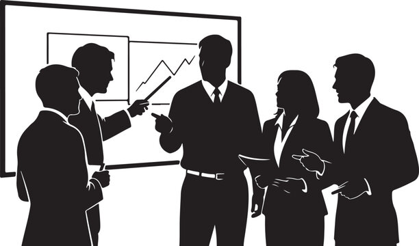 Business people in black silhouette discussing graph on whiteboard