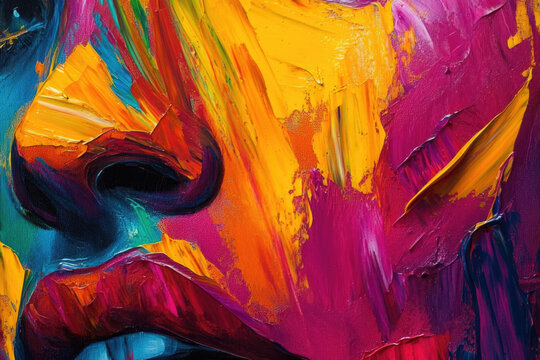 A close-up shot of a woman's face painted on canvas. vertical frame