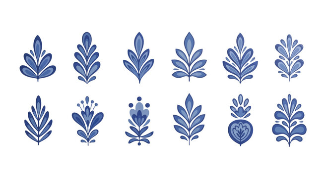 Scandinavian folk art floral elements, 12 blue botanical leaf icons in Nordic style, traditional ethnic flower motifs for embroidery and pattern design