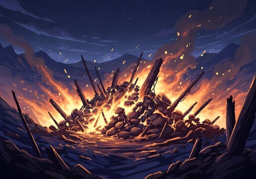 A dramatic illustration of a fiery burning pile of wooden stakes at night