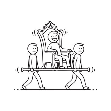 Stick figure drawing of two workers carrying a happy boss sitting on a throne, business concept of corporate hierarchy, inequality, and bad leadership
