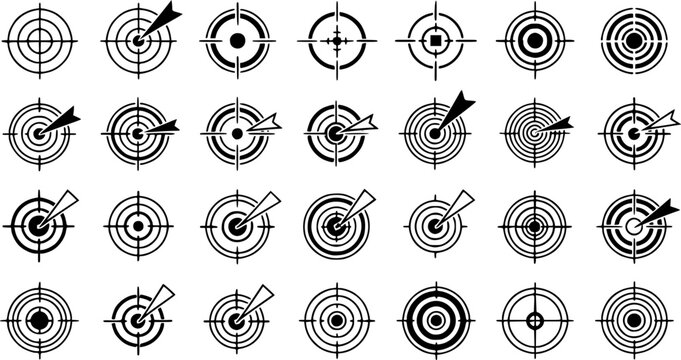 Target and aim icon set, crosshair, bullseye vector, precision, accuracy, and focus icon for aiming, archery, shooting, or navigation
