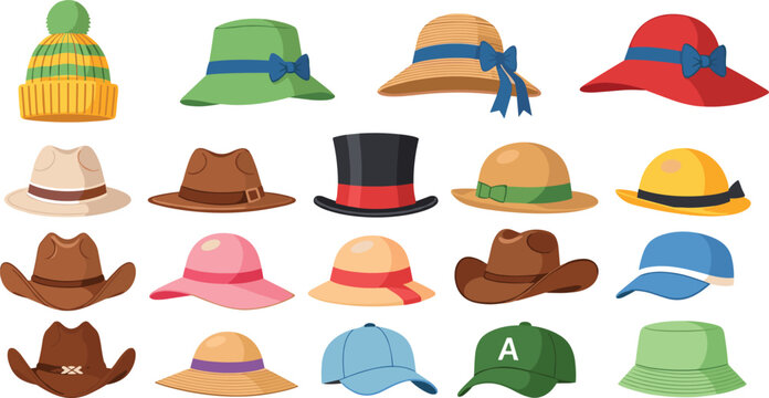 Comprehensive Vector Hat Collection Featuring Diverse Styles Including Top Hat Cowboy Hats Winter Beanie Baseball Caps and Elegant Summer Sun Hats for Fashion and Apparel Design Projects
