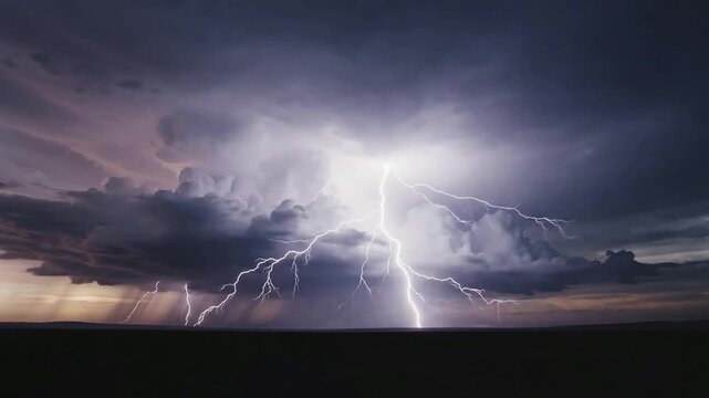 Dramatic storm clouds with lightning flashes and rain across horizon