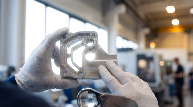 Worker inspecting machined aluminum part with loupe