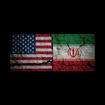 A torn and distressed image of the American and Iranian flags side by side on a black background