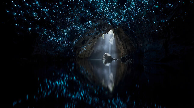Glowworms illuminating waitomo caves underground lake in new zealand