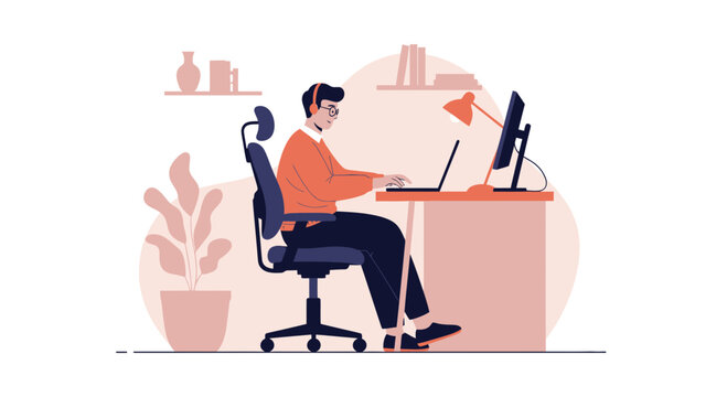 Man working on laptop at desk with computer and lamp, modern office illustration