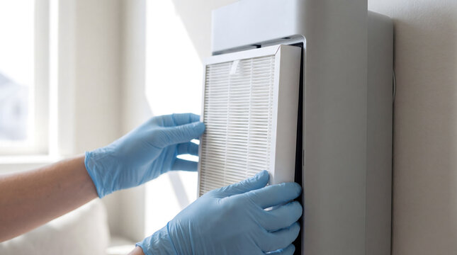 Hands in gloves changing air purifier hepa filter