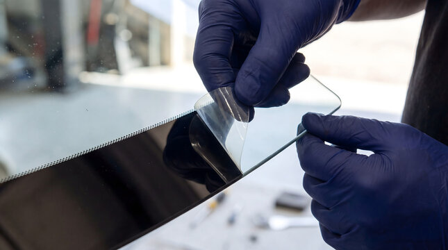 Auto mechanic installing car screen protector on display