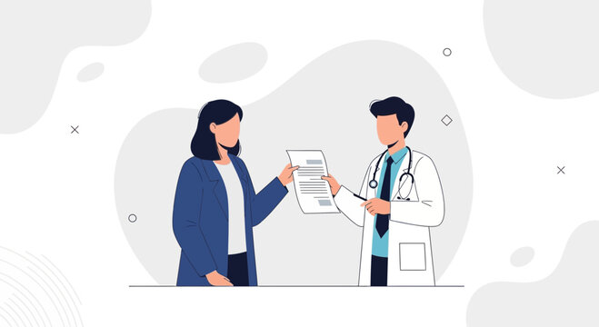 Doctor giving prescription to patient, medical consultation, healthcare concept