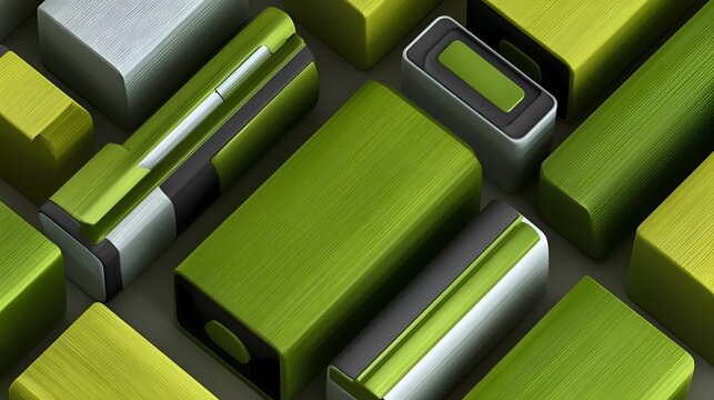 Isometric View of Multiple Green Rechargeable Battery Cells for Large Scale Energy Storage Systems and Sustainable Power Solutions