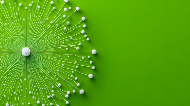 Abstract White Spherical Network with Radiating Connection Lines on Vibrant Green Background for Global Data and Core Energy Tech