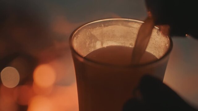 Camping campfire filling glass slowly, amber liquid cascades, foam forming, warm glow from embers, hand steady, shared campsite moment, host pouring hot beverage for friends, evening chatter