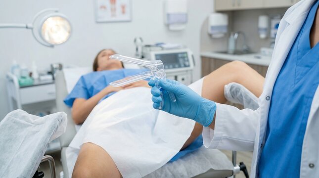 Female doctor holding gynecological speculum in clinic with patient on examination chair, medical checkup and healthcare concept