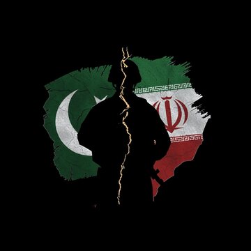 A dramatic illustration of a person standing between the flags of Pakistan and Iran