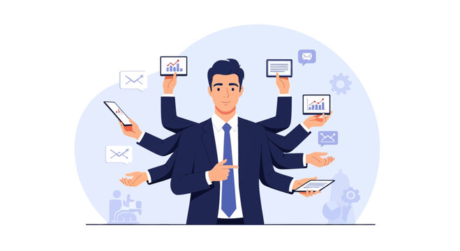 Multitasking Businessman with Many Arms Holding Devices and Charts