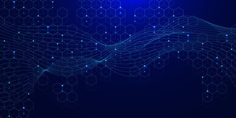 Futuristic blue hexagon pattern with glowing dots and wave flow background vector. Modern science, medical research and technology concept. Design for web banner, presentation template. © Alfan Subekti