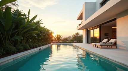Fototapeta premium A sleek modern villa with a long rectangular swimming pool at sunset. The pool reflects the golden sky, flanked by lush tropical greenery on one side and a sunlit patio with lounge chairs on the other