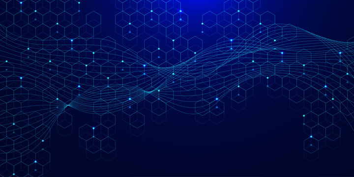Futuristic blue hexagon pattern with glowing dots and wave flow background vector. Modern science, medical research and technology concept. Design for web banner, presentation template.