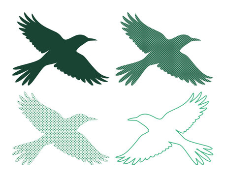 Set of Four Green Flying Bird Silhouettes Vector Illustration