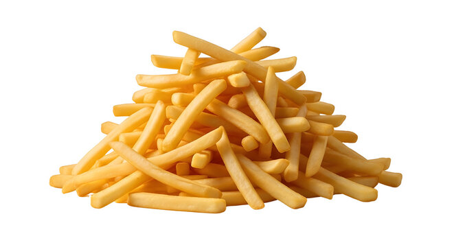 Golden french fries pile on white background, crispy deep fried potato sticks, salty fast food snack, delicious oily appetizer for restaurant menu