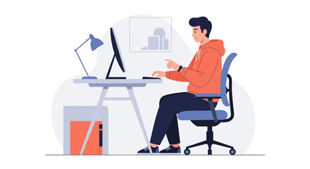 Fototapeta premium Young man working on computer at desk, modern office setup, flat design illustration