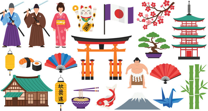 Japanese Culture and Landmark Vector Set Featuring Pagoda, Torii Gate, Mt. Fuji, Samurai, Geisha, Sushi, and Traditional Symbols