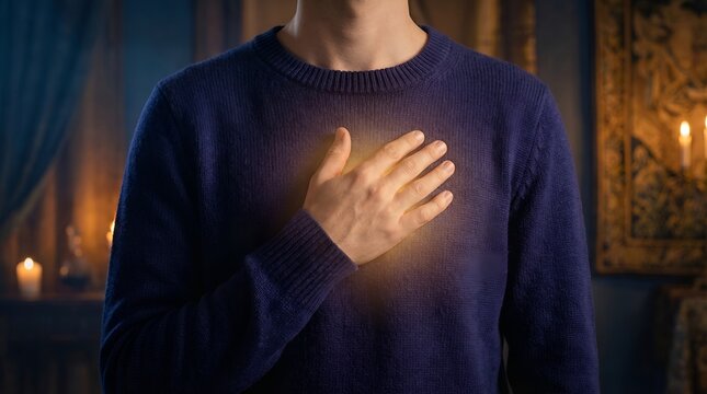 Close-up of a person's hand on chest with radiant light, symbolizing heart, truth, and spirituality