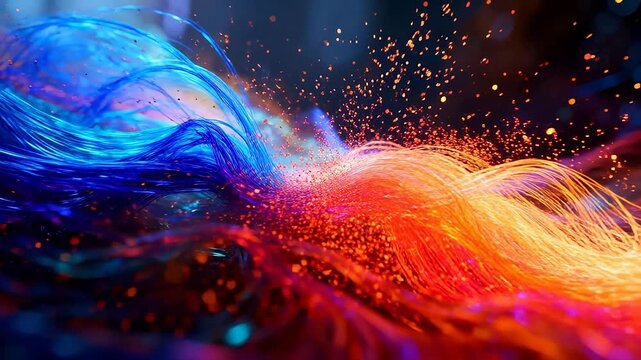 Abstract colorful light threads and particles exploding in dark space