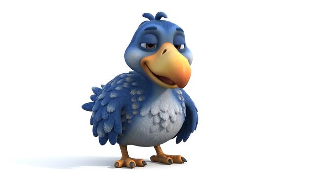 A charming 3d cartoon style dodo bird with blue feathers and a friendly expression, isolated on a white background