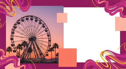 Fototapeta premium Ferris wheel at sunset with palm trees, pink and purple abstract design