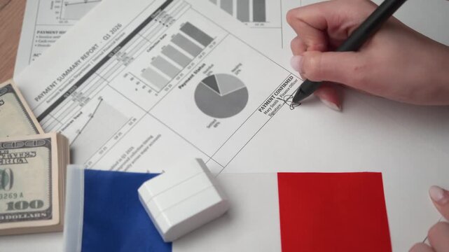 Accountant authenticates detailed payment summary for international French company assessing inflows before affixing paid stamp.