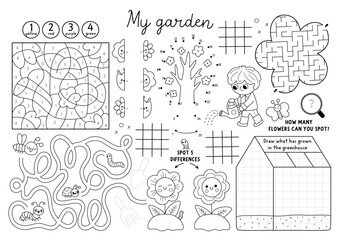 Vector spring garden placemat for kids. Printable activity mat with maze, tic tac toe chart, connect dots, find difference. Black and white coloring page with kid gardener watering flower, greenhouse © Lexi Claus
