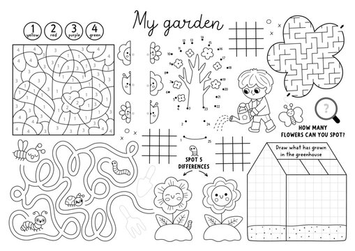 Vector spring garden placemat for kids. Printable activity mat with maze, tic tac toe chart, connect dots, find difference. Black and white coloring page with kid gardener watering flower, greenhouse